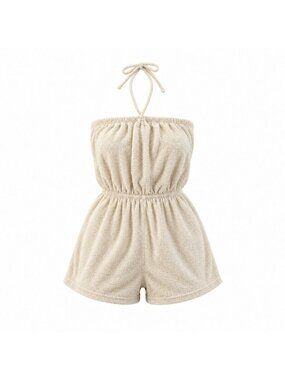 Carriage Court Beige Terrycloth Halter Romper With Elastic Waist Vintage Womens